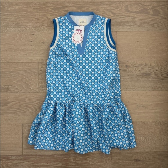 Umgee Dresses & Skirts - Umgee Blue/White Geometric V-Neck Sleeveless Mini Dress Ruffle Hem XS